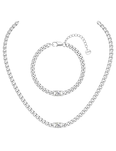Adramata Halskette Kette Armband für Damen Herren 4.5MM Breite Edelstahl Kette 14K Vergoldet Halskette Armband Set Wasserfest Zirkonia Silberkette, 40/45/50CM Einstellbare Länge