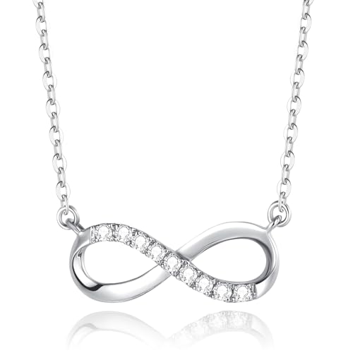 FANCIME Damen Kette mit Unendlichkeit Infinity Anhänger aus Solide 14 Karat 585 Weiß Gold Minimalist Halskette mit 0.072ct Echter Diamant Geschenk Schmuck für Damen Mädchen