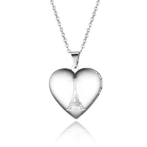 JewelryWe Herz Medaillon Halskette für Damen: Silber Edelstahl Eiffelturm Herzförmig Foto Bilder Amulett zum Öffnen Anhänger Kette mit Gravur Geschenk für Frauen Mutter Tochter
