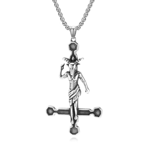 JewelryWe Umgekehrt Kreuz Halskette Herren: Satanische Ziege Petruskreuz Umgedreht Kreuz Anhänger Baphomet Kette Gothic Wicca Amulett Satans Schmuck für Männer