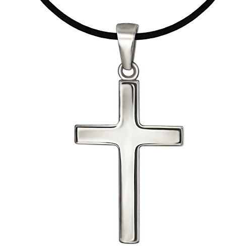 CLEVER SCHMUCK Silberner Anhänger Kreuz 21 mm schlicht glänzend Sterling Silber 925 mit Lederband schwarz in Geschenkverpackung