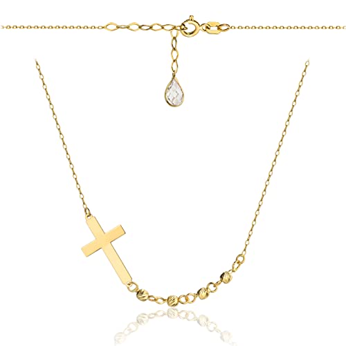 Goldene Damen Halskette 585 14k Gold Gelbgold Kette mit Anhänger Kreuz Kugel Zirkonia Gravur