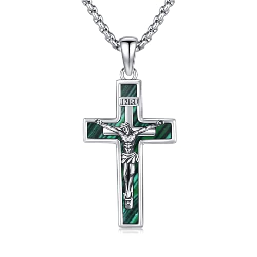 OHAYOO Kruzifix Kette 925 Sterling Silber Kreuz Kette Herren Kreuzkette Jesus Anhänger Malachit Silberkette mit Kreuz Männer Schmuck für Herren