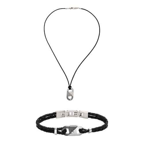 Emporio Armani Herren Zweifarbiger Leder Halskette und Armband, Set