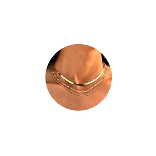 Dochais Halskette Damen Layering Halskette 14K Halskette Mehrschichtig Schlangenkette Kubanische Kette Wasserfest Goldkette Choker Schmuck Geschenke Frauen (Gold, 3Pcs)