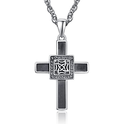 PRAYMOS Solide 925 Sterling Silber mit Weiß Vergoldet Kreuz Anhänger mit Silber Kette für Herren Jungs Kinder(C01-Runen Kreuz)