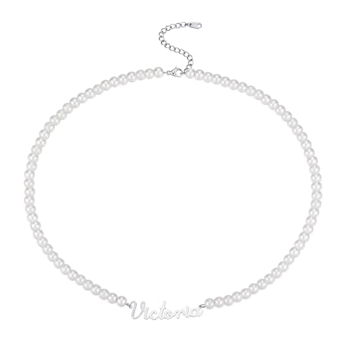 INBLUE Personalisierte Perle Name Halskette für Frauen Perle Choker Halskette mit Edelstahl Kette Perlen Stränge mit Namen Anhänger Schmuck Geschenk für Geburtstag Valentinstag - C1