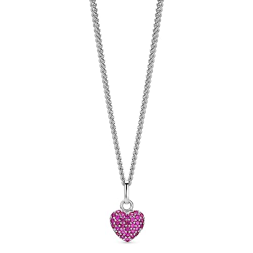 OROVI Schmuck Damen Herz–Kette mit Herzanhänger Edelsteine Geburtssteine rosa Rubinen pavé besetzt Zeitlose klassische Silberkette Halskette aus 925 Sterling Silber, 46 cm lang