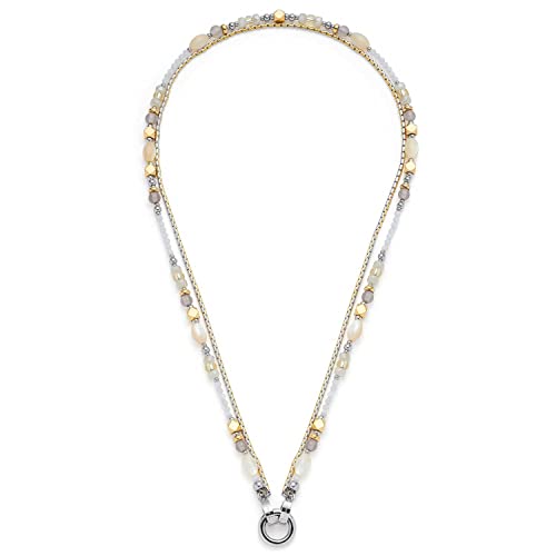 Leonardo Jewels Marina Halskette, 2-reihige Kette aus Edelstahl mit Clip&Mix Verschluss, Achat - Muschel- Gold- Perlen, silber, 45 cm, Collier, 022634