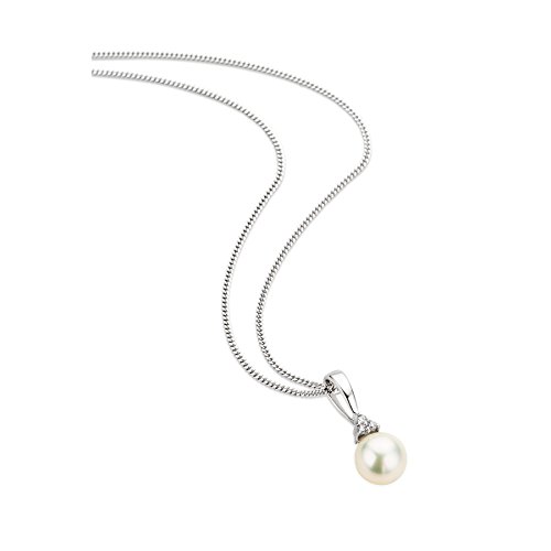 Orovi Schmuck Damen 0.02 Ct Diamant Halskette mit Anhänger weiße Süßwasserperle 6mm und Diamanten Brillanten Kette aus Weißgold 9 Karat / 375 Gold, länge 45 cm