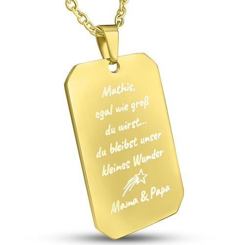 Hanessa Personalisierte Dog Tag Kette mit Gravur in Gold - Hundemarke mit Gravur Edelstahl 50 cm - Personalisierte Kette mit Namen Herren - Erkennungsmarke Männer Halskette Dog Tag