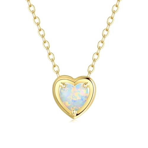 FANCIME Damen Kette mit Herz Geburtsstein Opal Anhänger aus Solide 14K 585 Gelb Gold Halskette Valentinstag Geschenkschmuck für Damen Mädchen, Verstellbar Kettenlänge: 45 cm