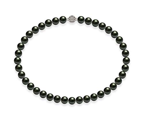 Schmuckwilli Perlenkette für Damen - 50cm Länge mit 10mm großen schwarzen runden Mallorca Perlen - Elegante Muschelkernperlen Kette für jeden Anlass