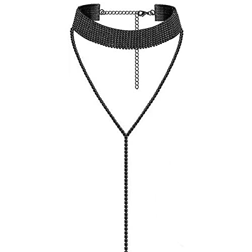 JewelryWe Schmuck Frauen Damen Multi Reihen Strass Choker Halskette Pullover Lange Kette mit Anhänger Halsband, Farben: schwarz
