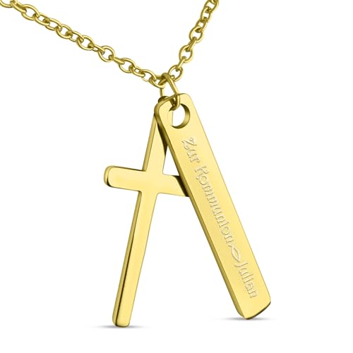 Hanessa Personalisierte Kette mit Gravur Edelstahl 50 cm mit Anhänger Kreuz Rechteck in gold - Personalisierte Geschenke für Kinder und Erwachsene - Halskette Damen Herren Mädchen Jungen