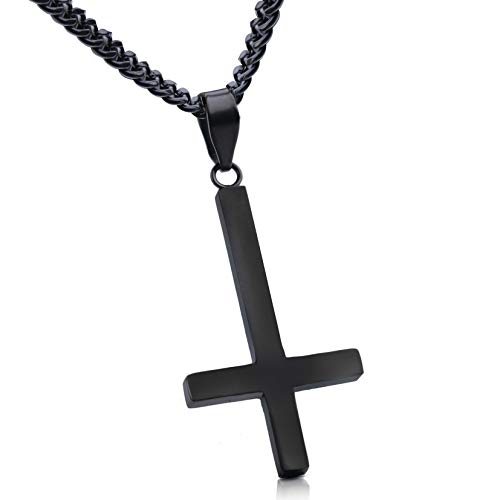 Adramata Umgedrehtes Kreuz Kette Herren Damen Edelstahl Kreuzkette Kreuz Anhänger mit 61cm Kette Halskette Damen Herren Umgedrehtes Kreuz Kette Schwarz