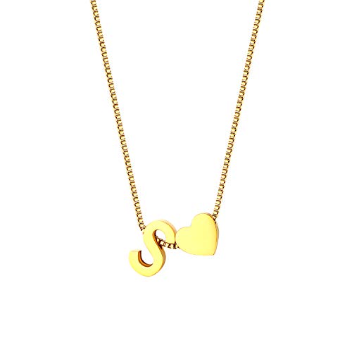 JewelryWe Buchstaben Herz Kette Damen: Gold Edelstahl Buchstabenkette Initiale Halskette mit Anfangsbuchstaben Alphabet S Herz Anhänger Namen Kettenanhänger Initialschmuck Geschenke Mädchen Freundin