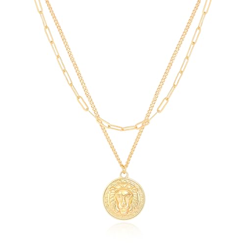 KOOUNUATA 18K Gold Löwenmedaillon Anhänger Halskette 3D Löwenkopf Paper Clip Cuban Ketten Choker Layering Halsketten Set für Damen Rundes Kreisdisk Statement Schmuck 18’’