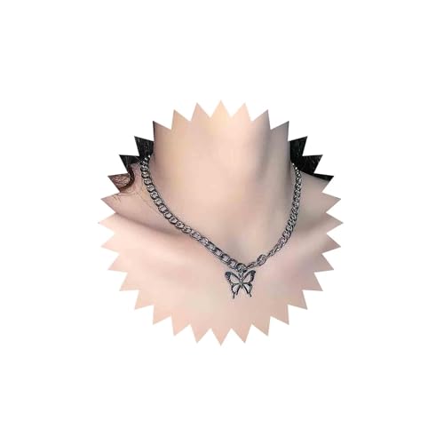 Aneneiceera Punk Schmetterling Halskette Choker Funky Silber Schmetterling Anhänger Halskette Figaro Chunky Kette Boho Schmetterling Halskette Rock Statement Schmuck Für Frauen Und Mädchen(style C)