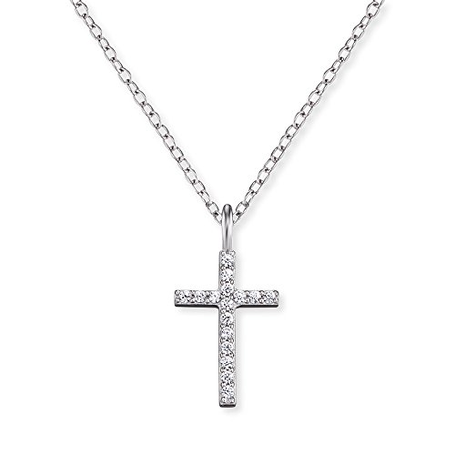 Engelsrufer Cross Kette mit Anhänger für Damen 925er Sterlingsilber besetzt mit 19 weißen Zirkonia Länge 38 cm plus 4 cm