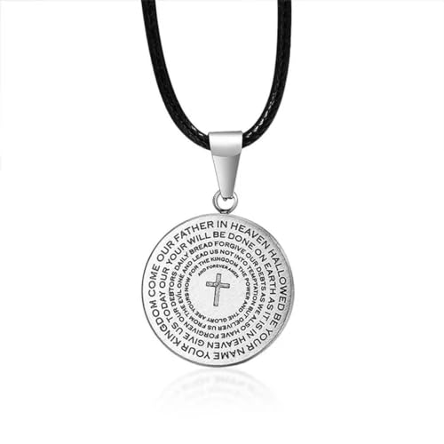 Neue Lederkette Silberfarbe Kreuz Gebetsanhänger Halskette für Mann Das Vaterunser katholischer Schmuck