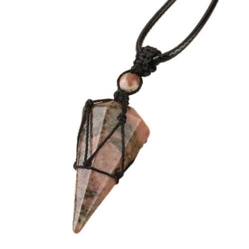 &ET Crystal Necklace, Handgewebte Wicklung Naturedelstein Hexagonal Spitz Linierhodolith Kristall Halskette Anhänger Mit Verstellbarer Lederkette Kristallschmuck für Damen Herren