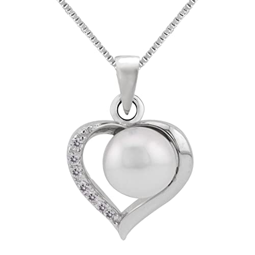 WeLoveSilver Silberkette Damen | Silberkette mit Anhänger, Herz mit Perle und Zirkonia Kristallen, 12 mm x 17 mm, Metall, Zirkonia
