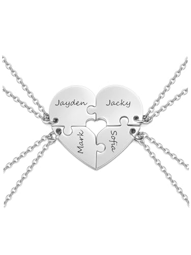 Zysta Personalierte Freundschaftskette für 4 Puzzle Herz Anhänger Mit Gravur BFF Ketten für Schwester BFF Geschenke (Silber)