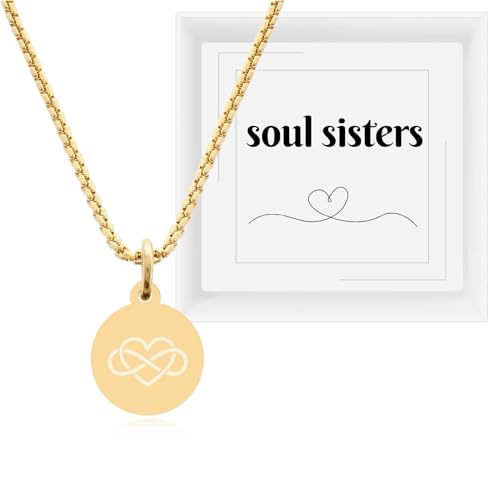 TIMANDO Damen Kette mit Botschaft „soul sisters“ – Halskette mit Herz Unendlichkeitszeichen Anhänger aus Edelstahl – Seelenverwandte Geschenk für beste Freundin (gold-farben)