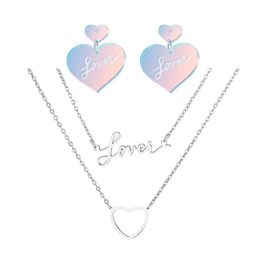 GILIEYER 3PCS Love Halskette Ohrring Set, personalisierte kette, kette mit herzanhänger Multi Layer Silber ketten Herz Halskette Pink Love Ohrringe Letter LOVE Double Layer Halskette für Frauen (Rosa)