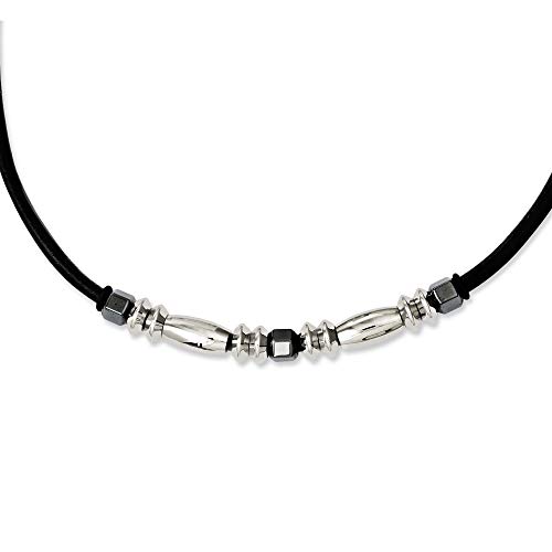 Halskette mit Karabinerverschluss aus Edelstahl, schwarzes Leder, polierte Perlen, 8,5 mm breit, Schmuck Geschenke für Frauen – 43 cm, Edelstahl, Facettierte Steine