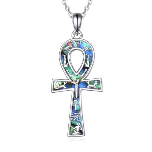 ONEFINITY Ankh Kette 925 Sterling Silber Ankh Kreuz Anhänger Abalone Shell Ägyptische Halskette Schutz Schmuck Geschenke für Damen