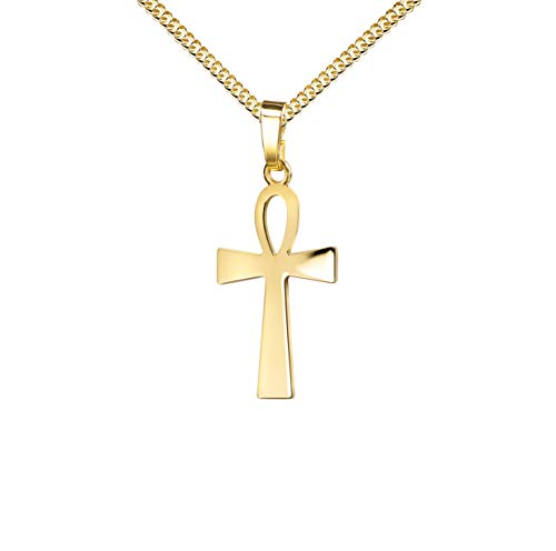 JEVELION Goldkreuz Kreuz-Anhänger Henkelkreuz Ägyptisches Kreuz in Hochglanz poliert für Damen, Herren und Kinder als Kettenanhänger 585 Gold 14 Karat mit Panzer-Kette vergoldet + Schmuck-Etui