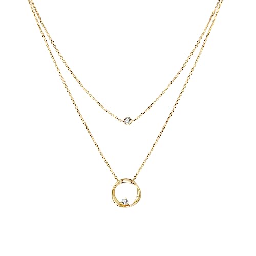 Damen Layered Kette mit minimalistischer Diamant Kreis Anhänger aus Solide 14 Karat 585 Gold Minimalist Halskette Doppelkette Geschenk Schmuck für Mädchen Kinder