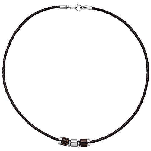 Jobo Herren Collier Halskette Leder schwarz mit Edelstahl und Holz 45 cm Kette Lederkette