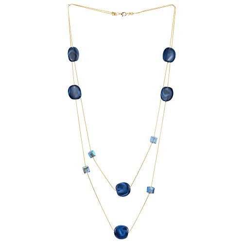 COOLSTEELANDBEYOND Elegante Gold Statement Halskette Zwei Strang Lange Kette mit Blau Würfel Kristall Perlen und Kreis Charme Anhänger