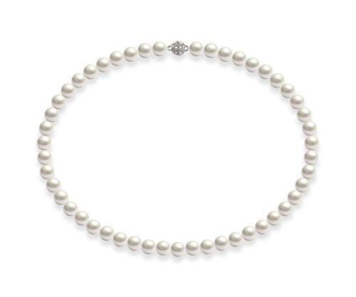 Schmuckwilli Perlenkette für Damen - 50cm Länge mit 8mm großen weißen runden Mallorca Perlen - Elegante Muschelkernperlen Kette für jeden Anlass