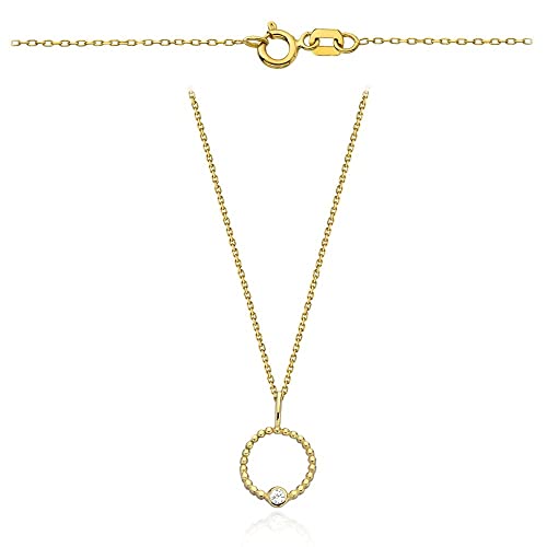 Goldene Damen Halskette 585 14k Gold Gelbgold Kette mit Anhänger Kreis Zirkonia