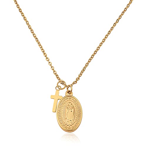 GD GOOD.designs EST. 2015 Maria Kette in Gold für Damen - Wasserfest - Madonna Halskette mit kleinem Kreuz Anhänger aus Edelstahl I Größenverstellbar 40+5cm
