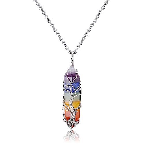 JSDDE 7 Chakra Anhänger Halskette Lebensbaum Wicklung Heilsteine Sechseckige Säule Anhänger Kette Amulett Anhänger Reiki Glücksbringer Schmuck (Stil 2)