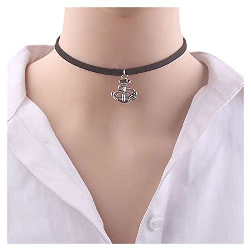 Inilbran Boho Anker Anhänger Halskette Schwarzer Samt Choker Halskette Schwarzes Wildleder Halskette Punk Seil Kordel Schlüsselbein Kette Halskette Gothic Anker Choker Halskette Seemannsschmuck