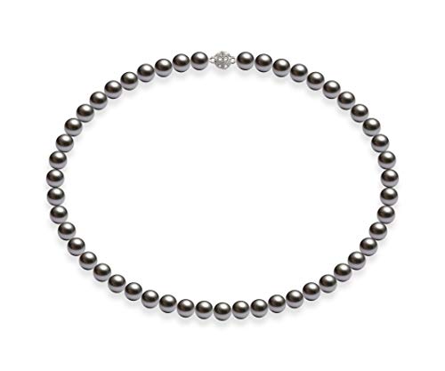 Schmuckwilli Perlenkette für Damen - 45cm Länge mit 8mm großen dunkel grau runden Mallorca Perlen - Elegante Muschelkernperlen Kette für jeden Anlass