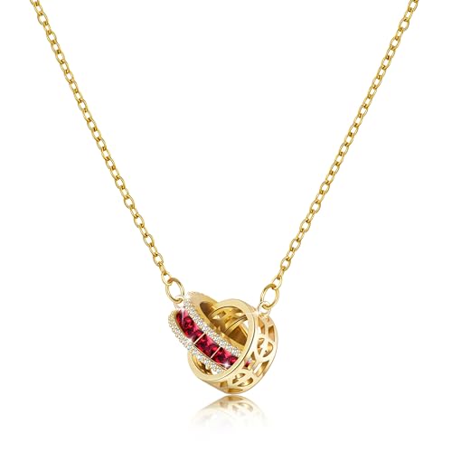 Linawe Rubin Rot Edelsteine Anhänger Kette Damen, Halskette Goldkette Statement Kettenanhänger Jewelry Necklace, Goldene Edelstahl Geburtsstein Kristall Modeschmuck Kette Set, Kupfer Schmuck Vergoldet