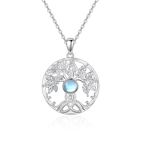 OHAYOO Lebensbaum Kette Damen 925 Sterling Silber Mondstein Kette Lebensbaum Baum des Lebens Halskette Mit Keltischer Knoten Baum des Lebens Schmuck Geschenke für Damen Mädchen