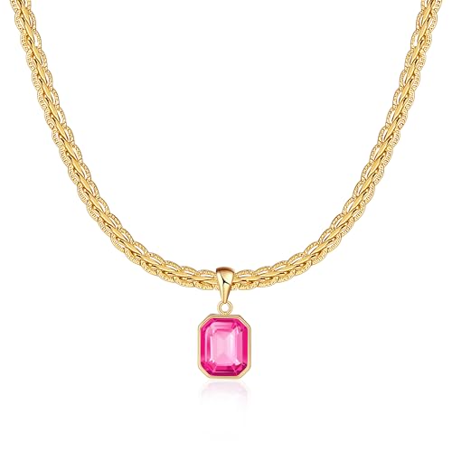 Mesovor Klobige Gold Kristall Kette für Damen Trendig, 18 Karat Vergoldete Statement-Kielkette | Geburtsstein-Halskette, Schmuck Geschenke (Quadrat-Neon Pink)