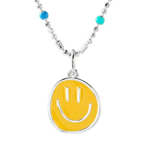 NicoWerk Damen Silberkette Smiley aus 925 Sterling Silber Strichgesicht Orange Gelb Emaille Glänzend Eklatant Verspielt Ausgefallen SKE700