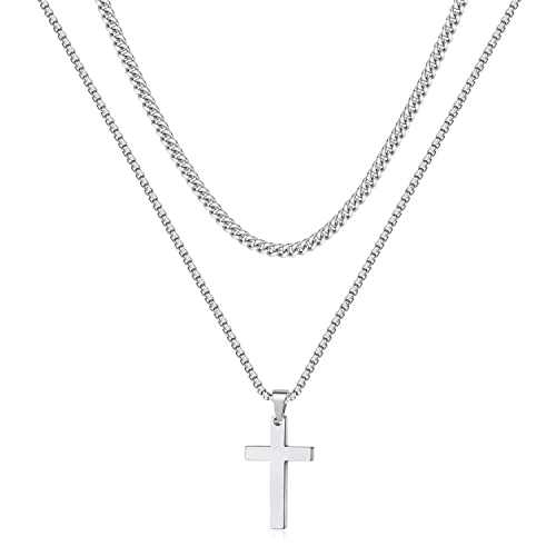 TINGN Kreuz Kette Herren, Halskette Herren Kette mit Kreuz Silberkette Herren Edelstahl Silber Seilkette Doppelkette mit Anhänger 45/50cm Kreuzkette für Männer Freund Jungen Schmuck Geschenk