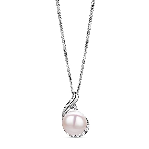 OROVI Schmuck Damen Perlenkette mit einer runden weißen Süßwasser Zuchtperle umgeben von weißen Zirkonia in Brillantschliff Zeitlose klassische Perlen Silberkette aus 925 Sterling Silber, 46 cm lang