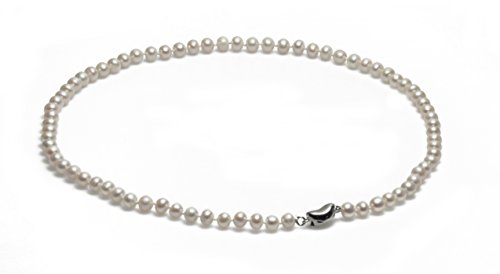 Schmuckwilli Perlenkette für Damen - 45cm Länge mit 6-7mm großen weißen halbrunden Süsswasserperlen - Elegante Kette mit Perlen für jeden Anlass