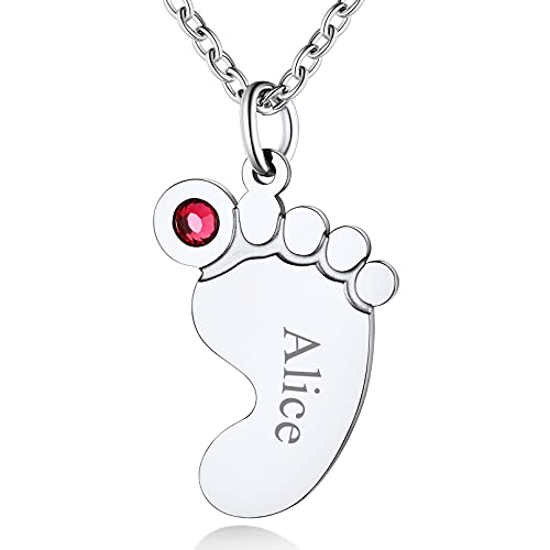 Custom4U Baby Fuß Geburtsstein Kette mit 1 Name Personalisierte S925 Silber Babyfuß Anhänger Gravur Namenskette Geburtsstein Halskette in Silber Geschenke für Mutter Tochter Muttertag